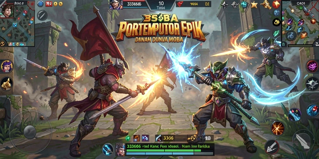 Screenshot menunjukkan aksi intens dalam pertempuran MOBA.