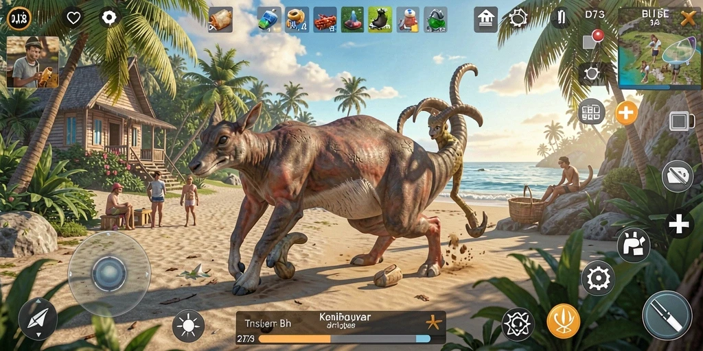 Screenshot gameplay D73 yang menunjukkan interaksi karakter dalam dunia simulasi.