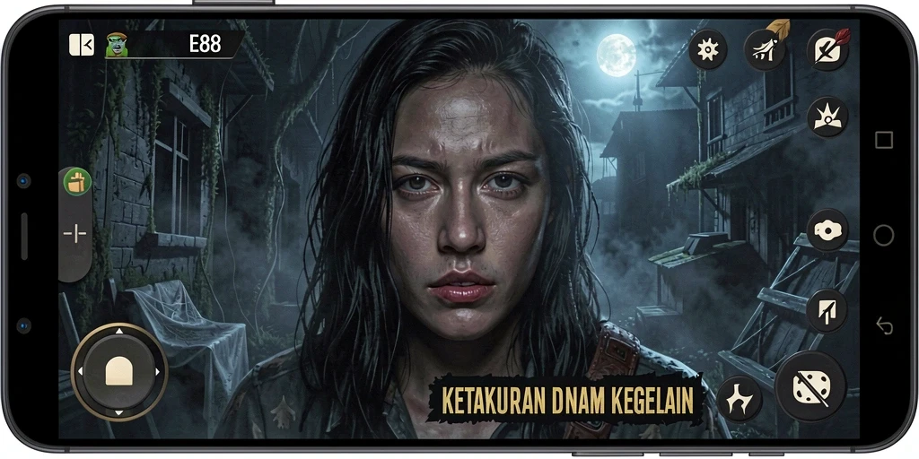 Screenshot E88 menampilkan suasana mencekam dalam permainan horor.