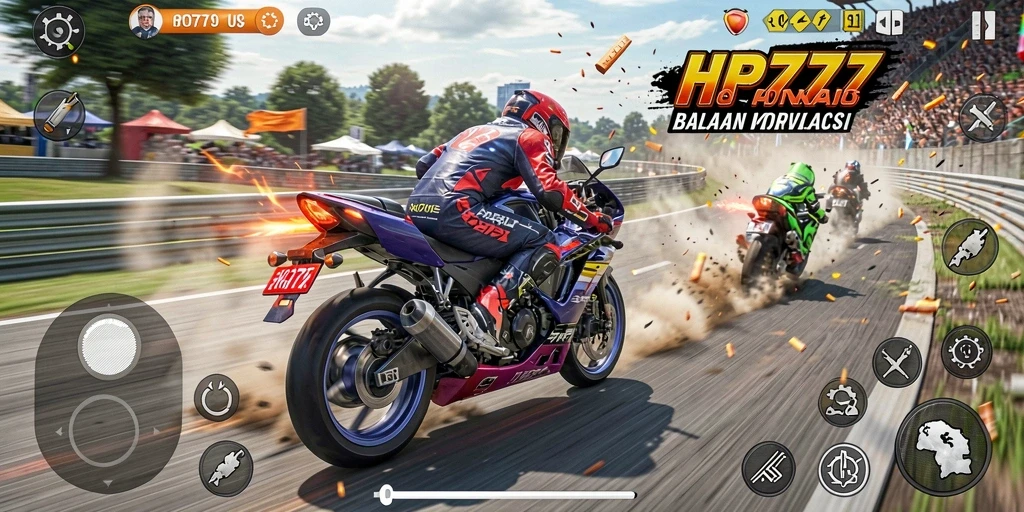 Tampilan gameplay seru HP777 dalam balapan motor.