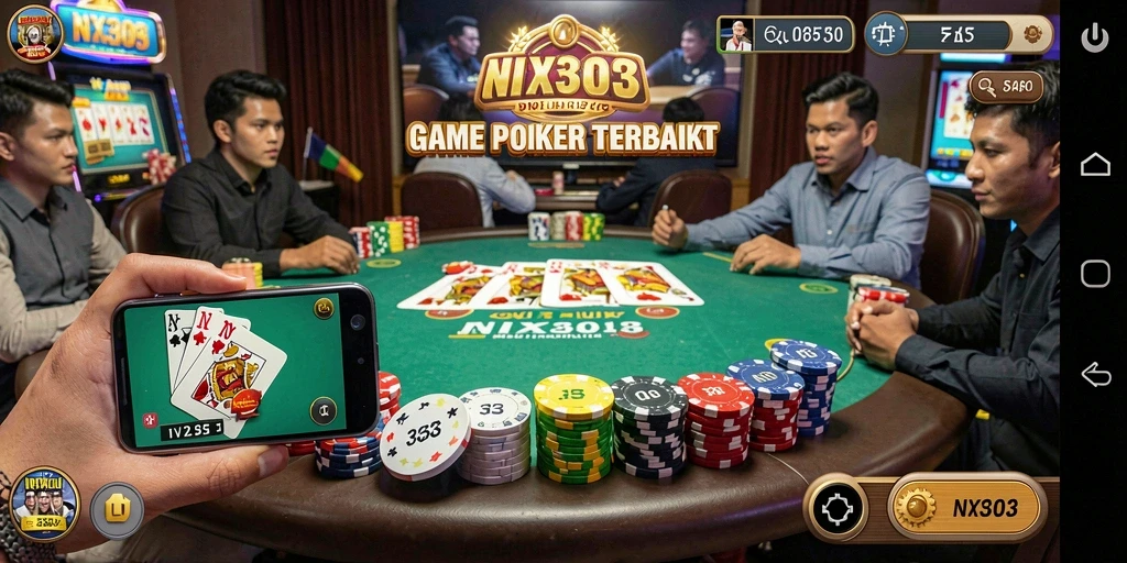 Menampilkan gameplay seru dari NX303 dengan pemain berinteraksi dalam permainan Poker.