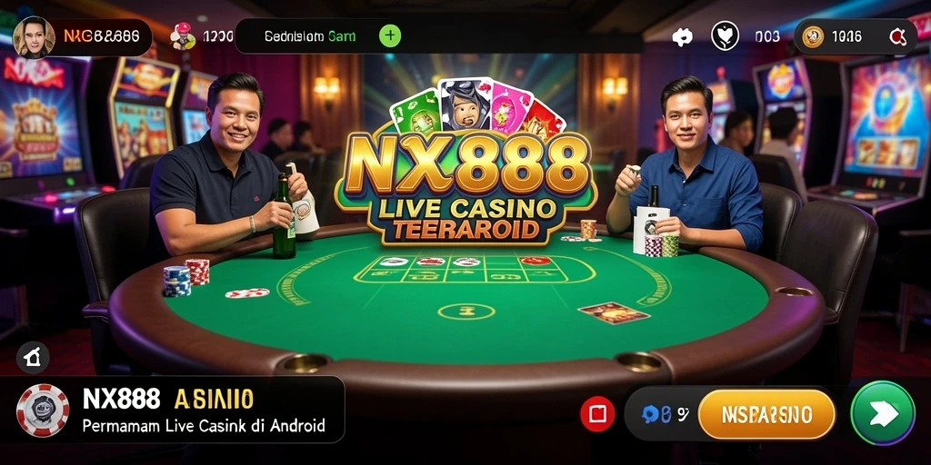 Screenshot NX888 menampilkan dealer langsung dan suasana permainan kasino yang mendebarkan.