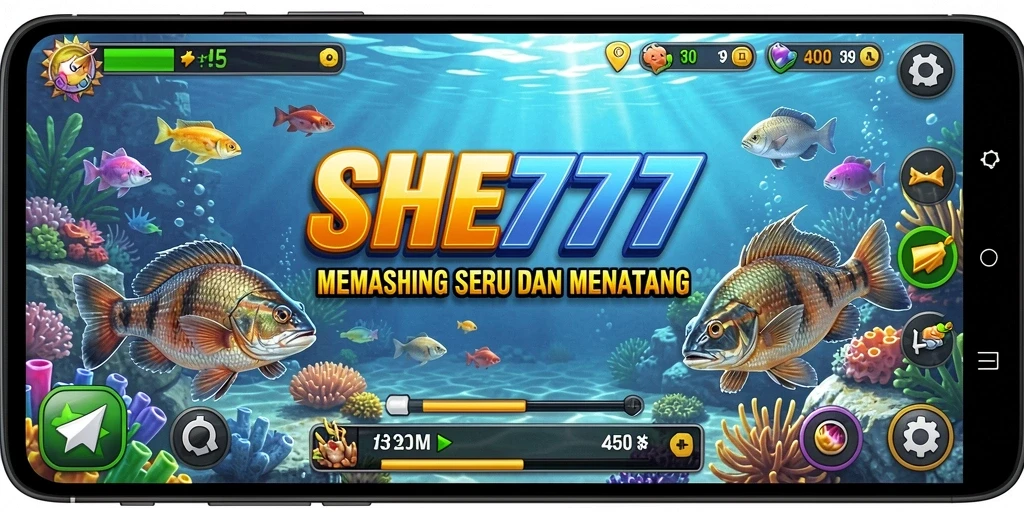 Screenshot gameplay SHE777 yang mendebarkan saat memancing ikan.