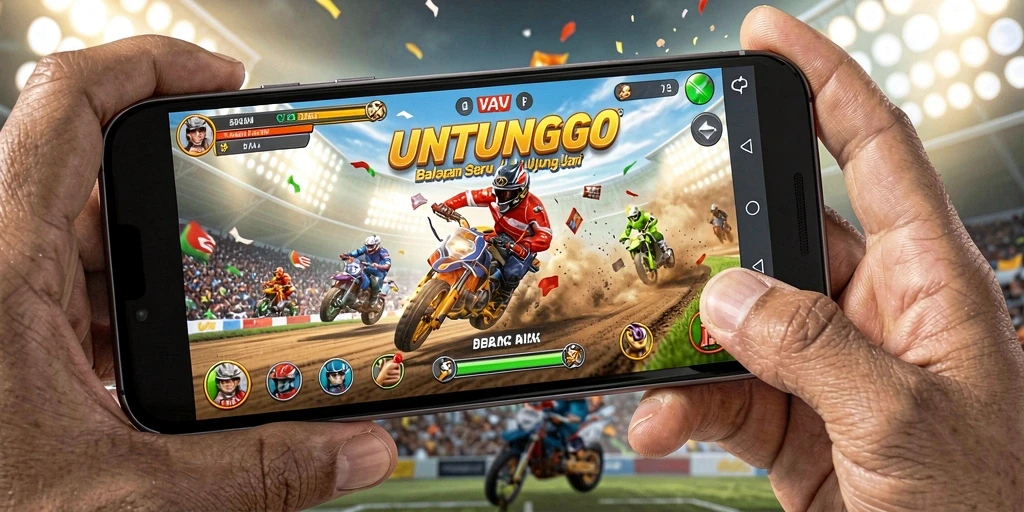 Screenshot utama UNTUNGGO menampilkan aksi balapan yang mendebarkan.