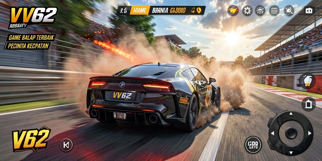 Gameplay seru di VV62 dengan mobil balap melaju kencang.
