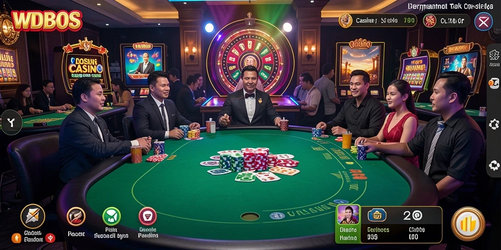 Screenshot gameplay WDBOS menampilkan dealer langsung dan suasana permainan kasino.