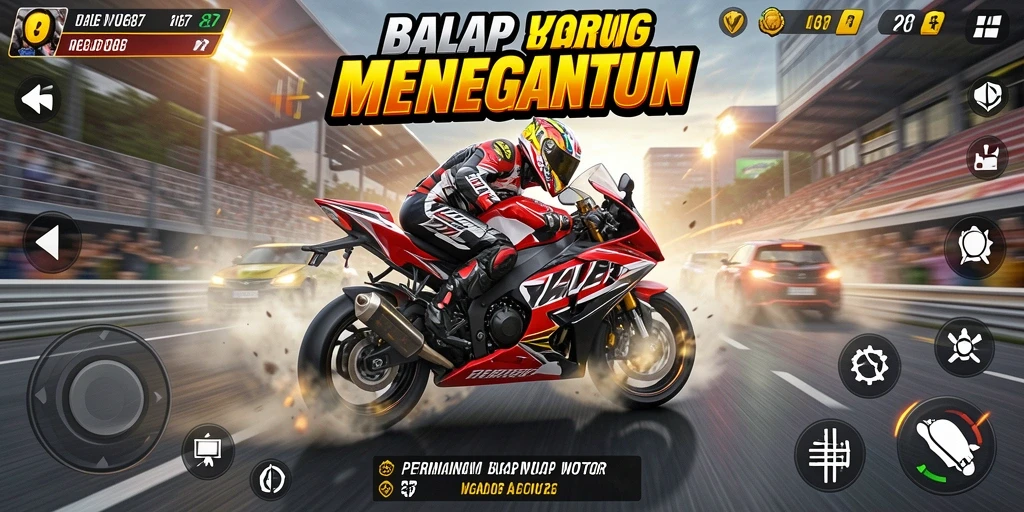 Screenshot gameplay WG87 menunjukkan aksi balap motor yang mendebarkan.